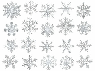 Photo Twenty Unique Snowflakes on White Background