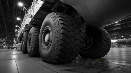 Close-up view of massive vehicle tires inside an industrial hangar with aircraft and machinery visible in the background under artificial lighting.