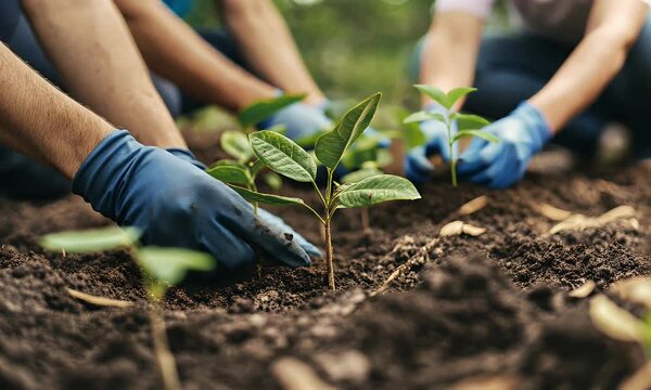 Close up of a person's hand planting a sapling in the ground.