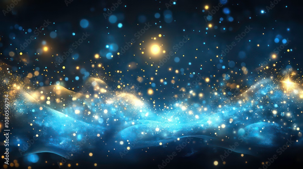 Poster abstract blue and gold sparkle background with bokeh lights.