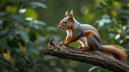 squirrel perched on a branch looking curiously amidst green foliage in a serene forest setting