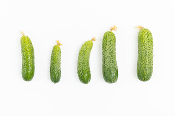 Fresh green cucumbers of different sizes isolated on a white background