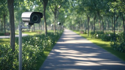 A tranquil pathway in a lush green park, monitored by a security camera, blending technology with nature for safety.