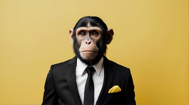 Business-ready monkey dressed in a suit poses confidently against a bright yellow backdrop