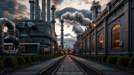 Industrial Exterior Scene Featuring Massive Pipes, Smokestacks, and an Atmospheric Sky Over a Factory Landscape at Dusk