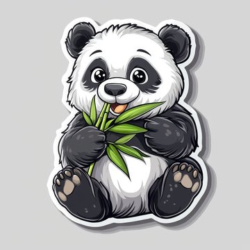 recommend clip art: A cute cartoon baby panda sits contentedly, happily munching on a stalk of fresh green bamboo.