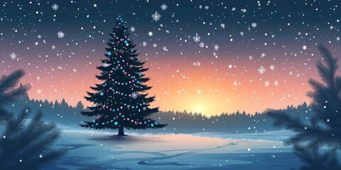 A serene winter landscape featuring a snow-covered pine tree adorned with colorful lights, set against a stunning sunset backdrop.