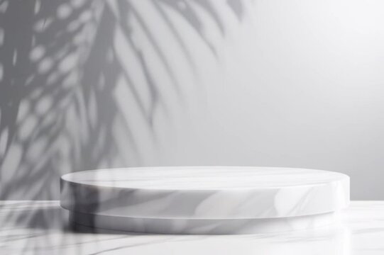 Polished marble podium with palm shadows on gray background