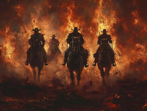 Illustration of Cowboys Riding Through Fire