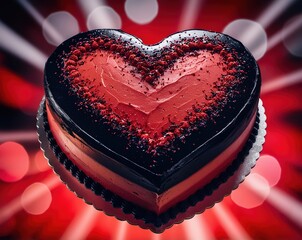 A heart-shaped cake decorated with red icing and cream, set against a vibrant red and black backdrop