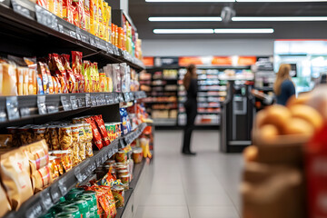 Fototapeta premium Well-Stocked Convenience Store Within The Gas Station, With Customers Browsing Snacks And Beverages While Attendants Assist At The Pumps