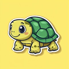 Fototapeta premium A cheerful cartoon baby turtle, rendered in vibrant green and yellow hues, stands out against a sunny yellow backdrop.