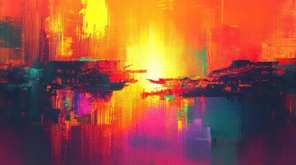 Naklejka premium An abstract, colorful painting with a fiery sunset and a reflection in the water.