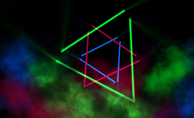 Naklejka premium Dark background. Neon light figures on a dark background, smoke.