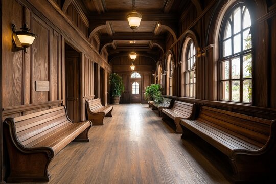 Historic western town bank interior featuring wooden benches, ornate architecture, and a warm, inviting atmosphere in a dusty environment. - Powered by Adobe