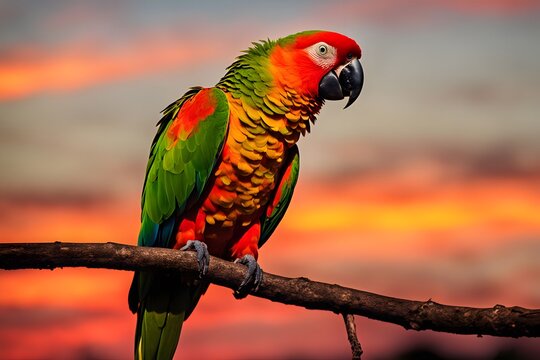An amazon parrot sitting on a branch with an intense sunset background in red orange and yellow, AI Generated