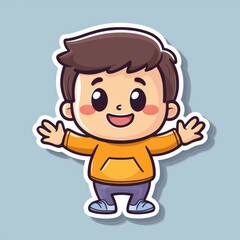A cheerful cartoon boy stands with open arms, a big smile on his face.