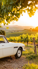 A Vintage Car Rests Peacefully Beside a Tuscan Vineyard at Sunset, Capturing the Essence of Timeless Beauty and Serenity