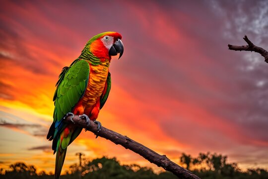 An amazon parrot sitting on a branch with an intense sunset background in red orange and yellow, AI Generated