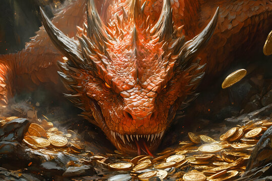 Illustration of a Red Dragon Guarding its Treasure