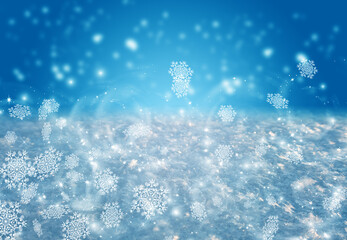 New Year winter holiday background with bokeh, blurred neon lights, snowflakes and frost