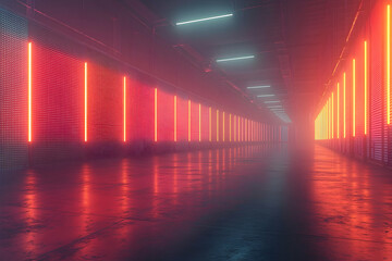 Fototapeta premium Futuristic neon light corridor with a dark, smoky atmosphere and a concrete floor.