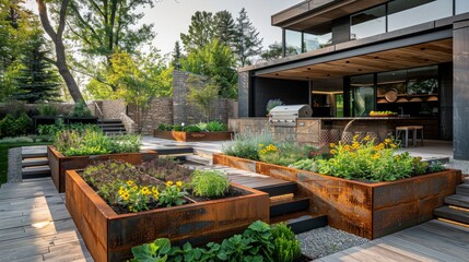 Stylish Modern Herb Garden with Corten Steel Beds, Integrated Bench and LED Grow Lights Generative AI