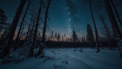 Winter landscape in a forest at night. Starry sky