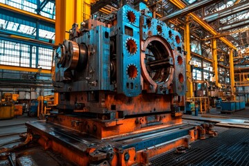 Massive Milling Machine Featuring Thick Cutting Tools in a Factory Setting with Industrial Equipment and Bright Yellow Lighting