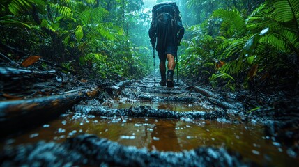 Dense jungles of the Kokoda Track in Papua New Guinea, intense humidity visible in the lush vegetation. Muddy trails and treacherous roots underfoot, lone hiker with heavy gear pushing through, stream