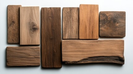 Variety of Wooden Planks in Different Shades and Textures Arranged on a Light Background for Design and Crafting Ideas