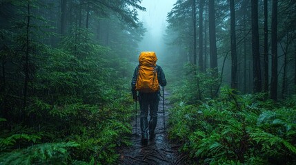 Fototapeta premium Dense forested path of the West Coast Trail, Canada, thick trees and tangled roots, hiker in rain gear, fog hanging low, ultra-realistic wet leaves and dark forest floor capturing the essence of a cha