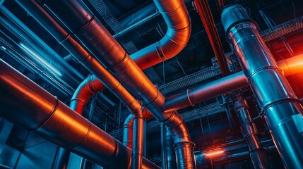 Fototapeta premium Overhead Perspective View of Complex Industrial Pipes and Ducts in a Modern Facility, Highlighting Structure and Design Elements in a Dynamic Environment