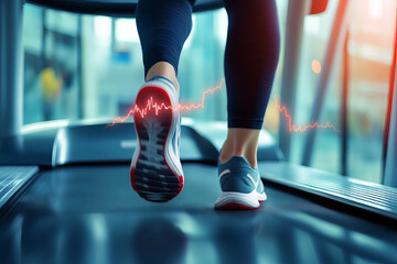 Conceptual image of a person running on a treadmill with visible heart arrhythmia displayed as an ECG line.