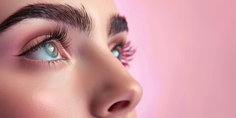 Her azure eyes and elegant eyebrows on the soft pink backdrop exude sophistication and charm, embodying precision and grace. The image captures a sense of beauty, elegance, and attention to detail