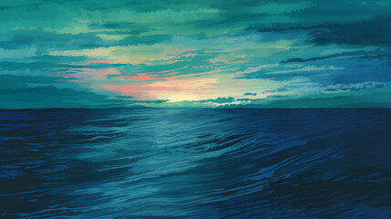 Fototapeta premium Sunset over sea - blue cloudy beautiful illustration with copy space