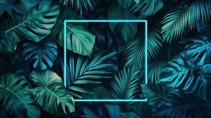 A glowing blue neon square frame surrounded by lush tropical leaves.
