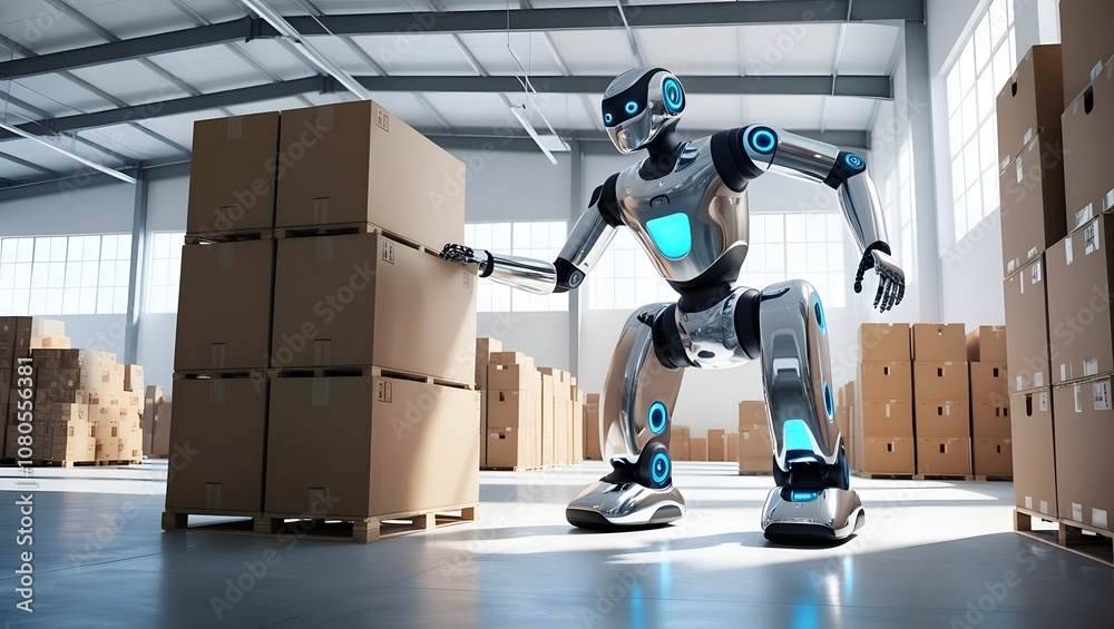 Aufkleber robot assisting in warehouse automation industrial facility digital art modern environment low angle