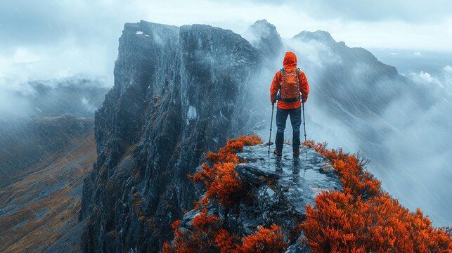Exposed, narrow ledge on Mount Ossa, Tasmania, hiker with rain jacket and wind whipping around, rocky terrain with sheer drops, intense sky above, capturing the thrill and wild nature of Tasmanias hig