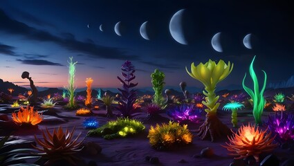 Futuristic landscape exploration alien planet digital art nighttime wide angle cosmic wonders