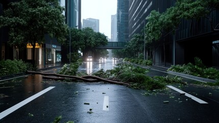 Fototapeta premium Urban street after a storm, with fallen branches and debris.