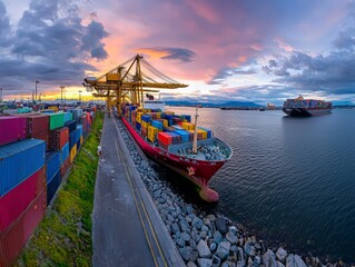 Naklejka premium Wide Angle Shot of Cargo Ship Docked at Busy Port with Colorful Containers and Dramatic Sky During Sunset
