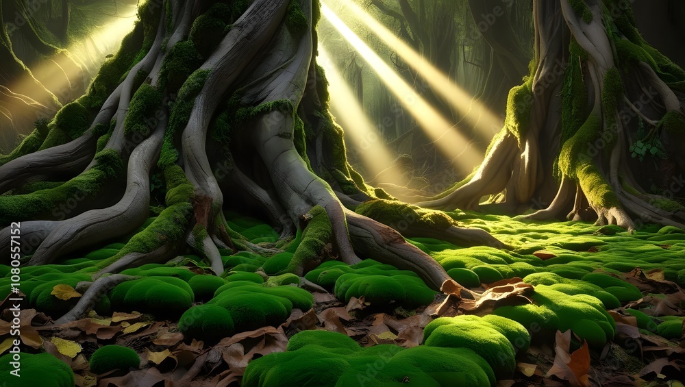 Poster sunlight filtering through ancient trees enchanted forest nature photography moss-covered ground ser