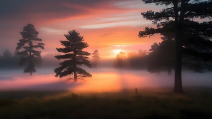Obraz premium Sunrise over misty forest nature landscape tranquil environment serene viewpoint dawn concept