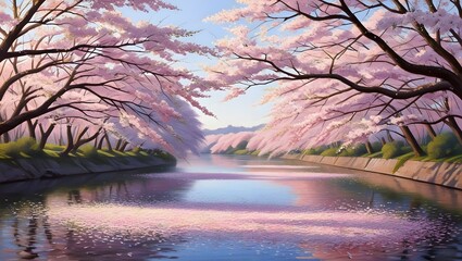 Cherry blossom river scene japan landscape photography tranquil nature serene viewpoint spring...