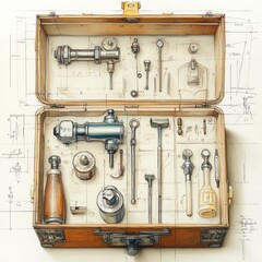An open wooden toolbox with a variety of tools and implements.