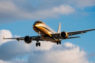 Naklejka premium Stunning Gold Aircraft Descending Against Clear Sky Background