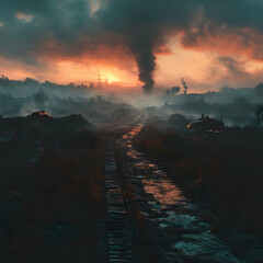 Obraz premium Illustration, Apocalyptic Sunset Over Desolate Industrial Landscape