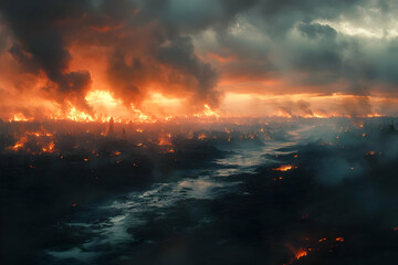 Naklejka premium Illustration of Burning City Apocalypse Fire Destruction River