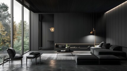 Fototapeta premium Minimalist Black Wooden Living Area with Spacious Contemporary Design and Inviting Home Atmosphere